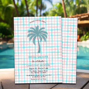 Palm Tree Azure Pink Chequered Bridal Shower Invitation