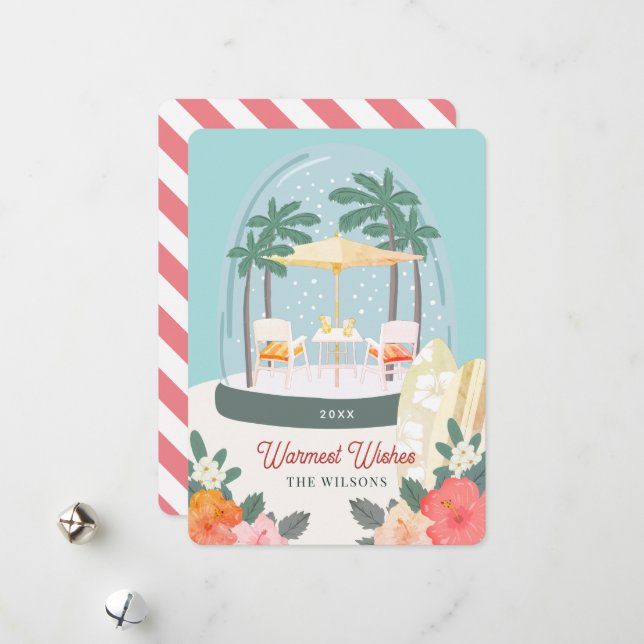 Palm Tree Beach Chairs Snow Globe Christmas Holiday Card (Front/Back In Situ)