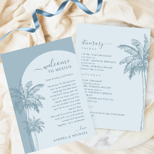 Palm Tree Beach Dusty Blue Wedding Itinerary Card