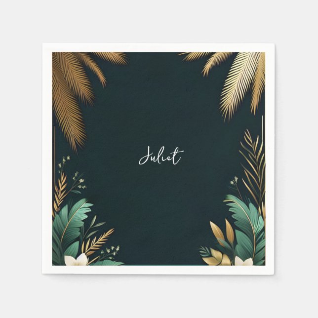 Palm Tree Beach Green And Gold Bridal Shower Napkin (Front)