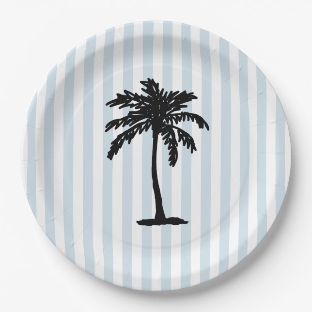 Palm Tree Beach Nautical Stripe Paper Plate (Front)