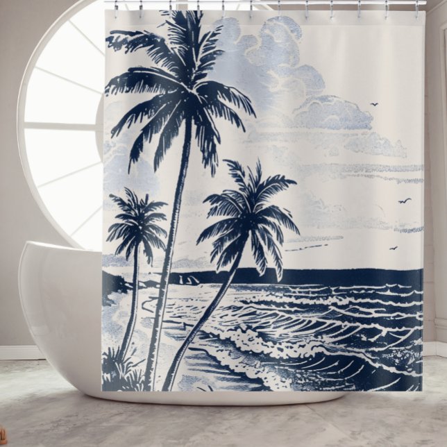 Palm Tree Beach Shower Curtain Bathroom Decor (Vintage-style beach scene with palm trees and ocean waves in navy blue and soft blue tones.)