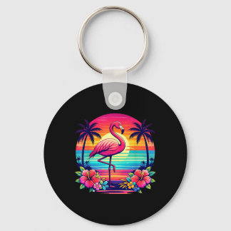 Palm Tree Beach Sunset Tropical Pink Flamingo Key Ring
