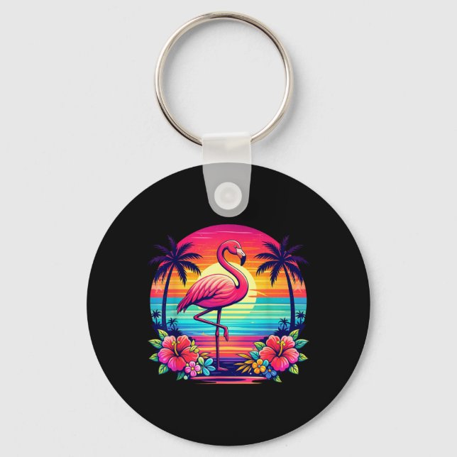 Palm Tree Beach Sunset Tropical Pink Flamingo Key Ring (Front)