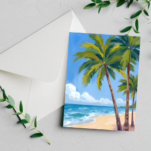 Palm Tree Beach Tropical Watercolor Blue Card
