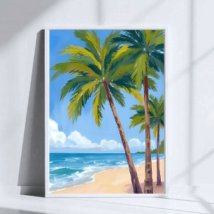 Palm Tree Beach Tropical Watercolor Blue Sky Poster