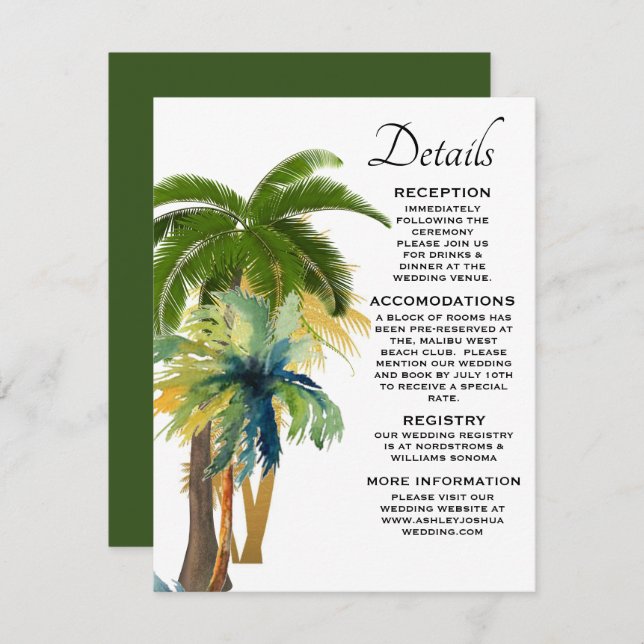Palm Tree Beach Wedding  Enclosure Card (Front/Back)