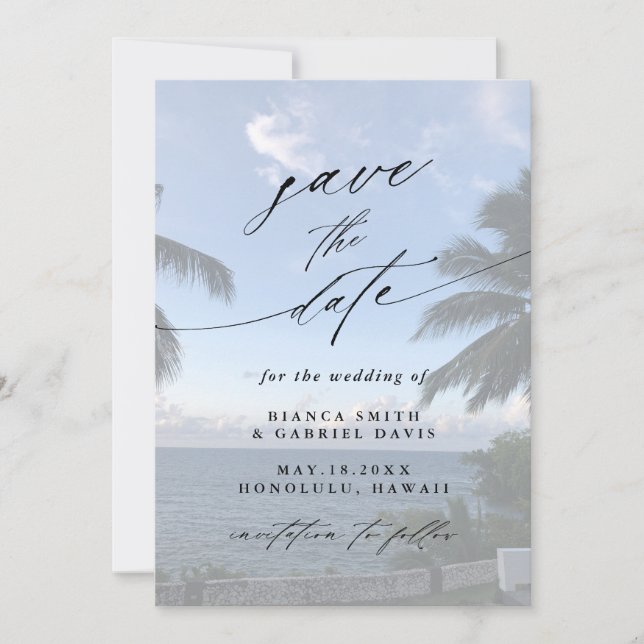 Palm Tree Beach Wedding Photo Save The Date (Front)