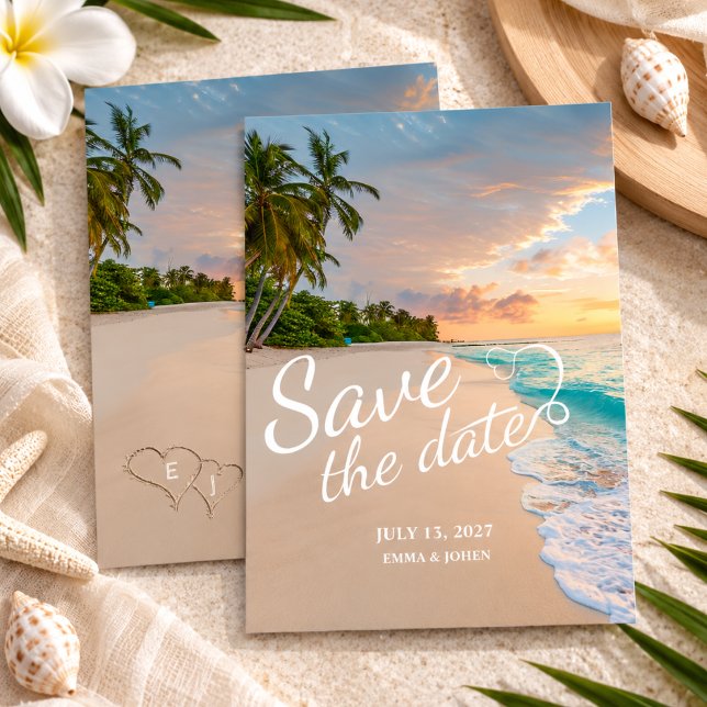 Palm Tree Beach Wedding  Save The Date (palm tree beach wedding save the date cards tropical destination island coastal minimalist couple )