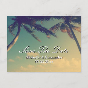 Palm tree beach wedding Save The Date postcards