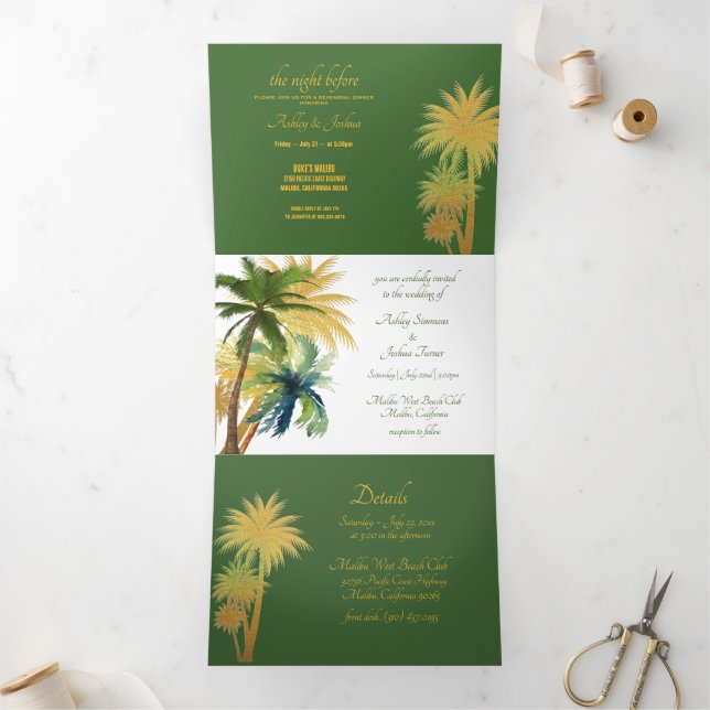 Palm Tree Beach Wedding Tri-Fold  Invitation (Inside)
