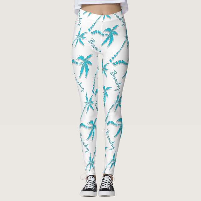 Palm tree beachy blue island leggings (Front)