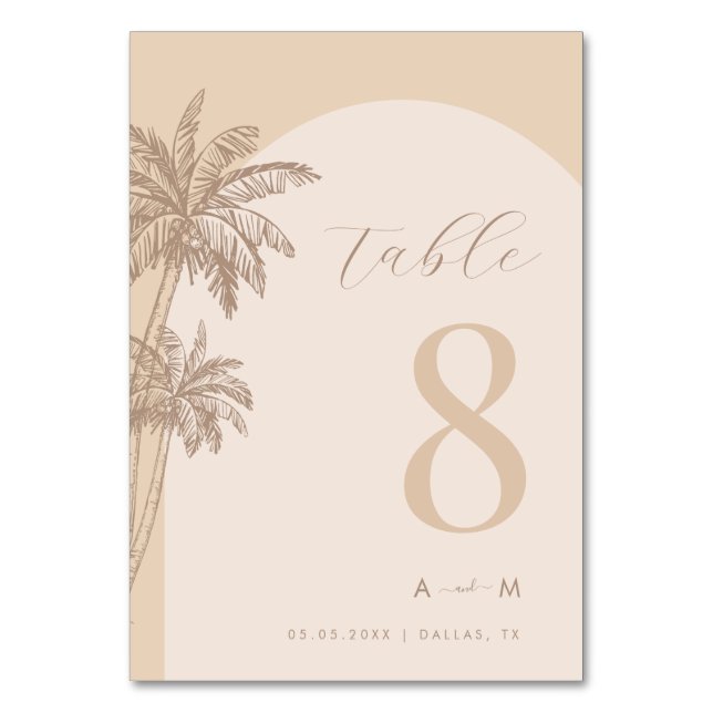 Palm Tree Beige Script Monogram Beach Wedding  Table Number (Back)