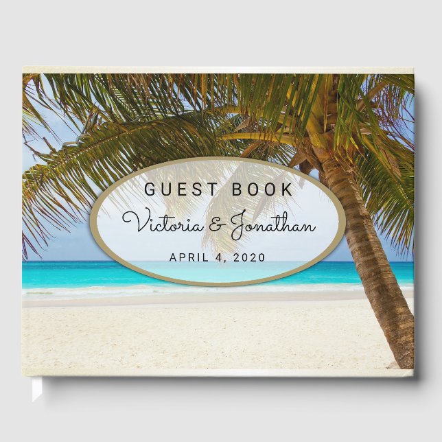 Palm Tree Beside Ocean Beach Wedding Guest Book (Front)