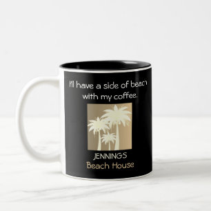 Palm Tree Black Beige White Beach House Name Quote Two-Tone Coffee Mug