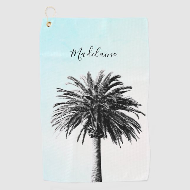 Palm Tree Black White Modern Blue Sky Personal Golf Towel (Front)