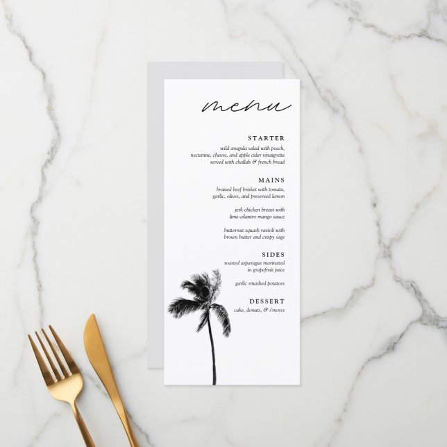 Palm Tree Black & White Modern Wedding Dinner Menu (Front/Back In Situ)