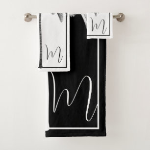 Palm Tree Black White Tropical Elegant Monogram   Bath Towel Set