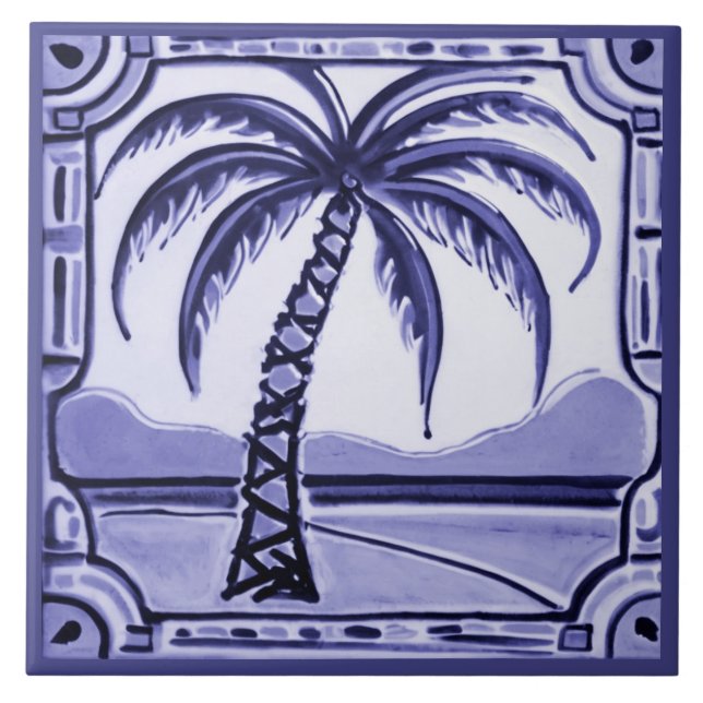 Palm Tree blue and white beach house decor Ceramic Tile (Front)