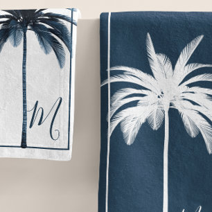Palm Tree Blue White Tropical Elegant Monogram Bath Towel Set