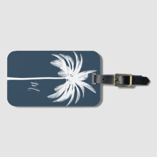 Palm Tree Blue White Tropical Elegant Monogram  Luggage Tag