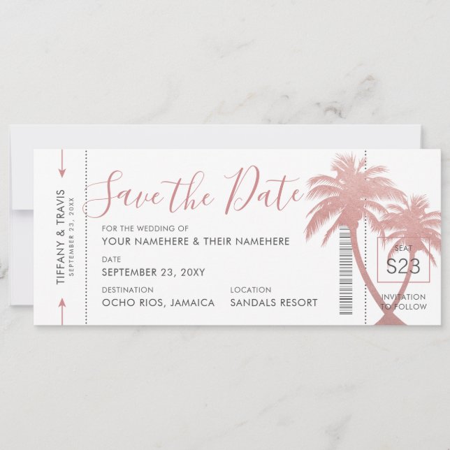 Palm Tree Boarding Pass Ticket Rose Gold Pink Save The Date (Front)