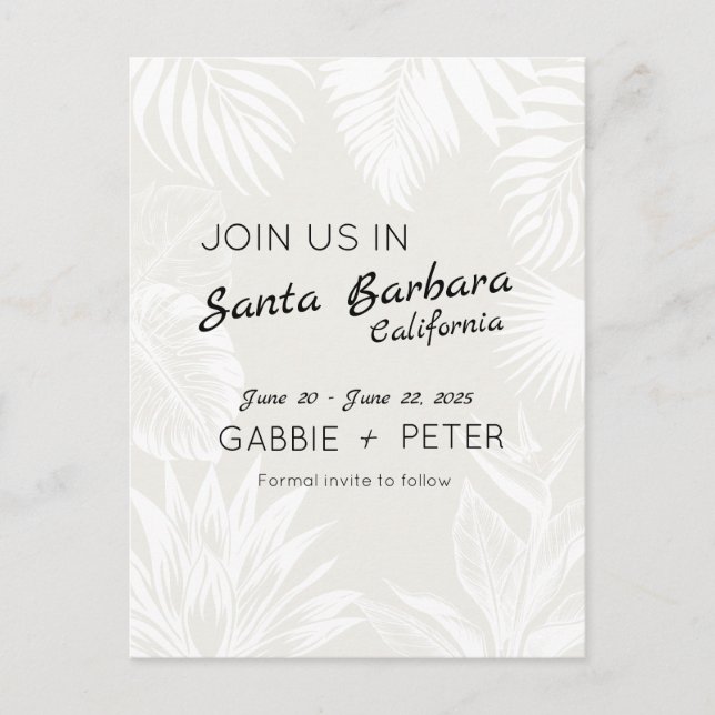 Palm Tree Botanical Typography Clean Save the Date Postcard (Front)