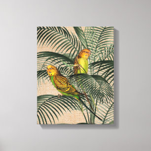 Palm Tree Budgerigar Parrot Rustic Hessian Canvas Print