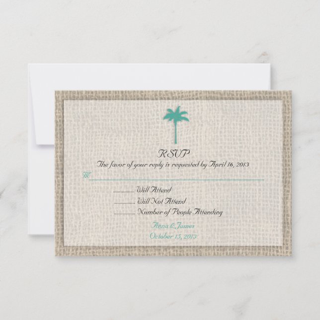 Palm Tree & Burlap Beach Wedding RSVP Turquoise (Front)