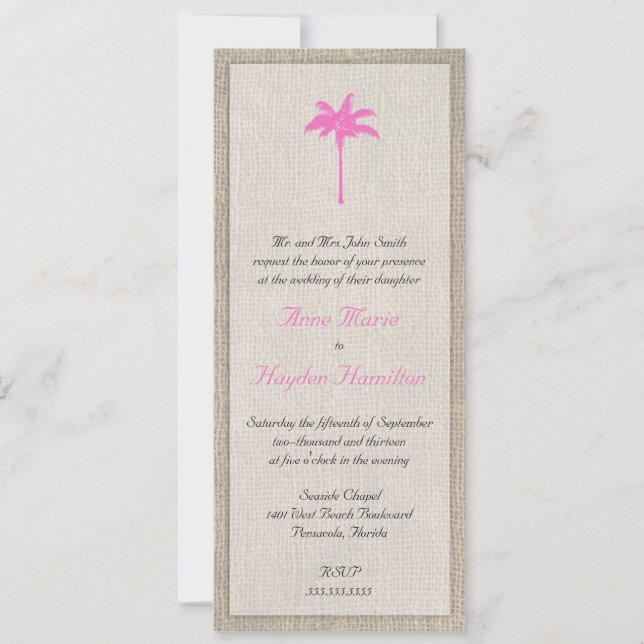 Palm Tree & Burlap Wedding Invitation - Pink (Front)