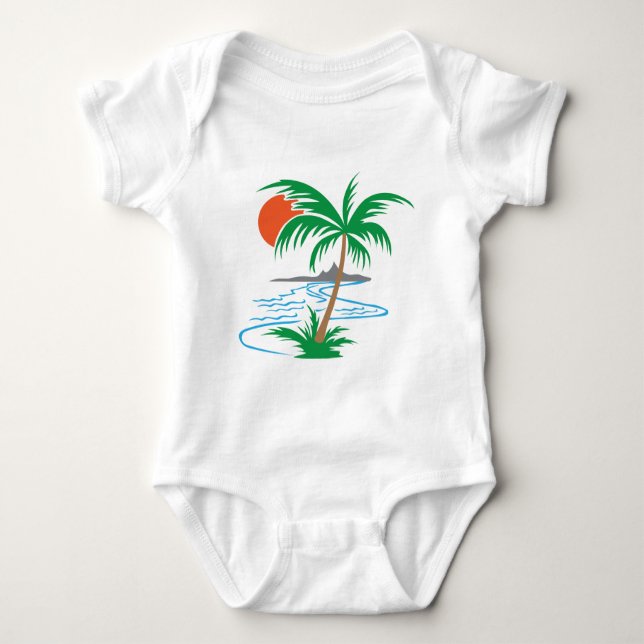 Palm Tree by the River | Tropical Sunset Art Baby Bodysuit (Front)