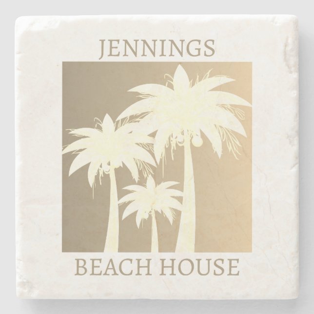 Palm Tree Coastal Beige Sand Beach House Name Stone Coaster (Front)