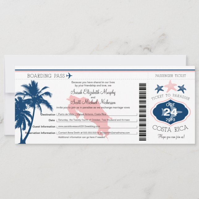 Palm Tree Costa Rica Boarding Pass Wedding Invitation (Front)