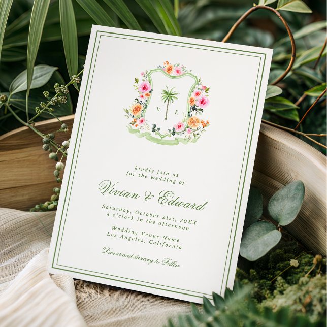 Palm Tree Crest Monogram Tropical Beach Wedding Invitation (Creator Uploaded)