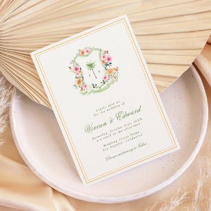 Palm Tree Crest Monogram Tropical Beach Wedding Invitation