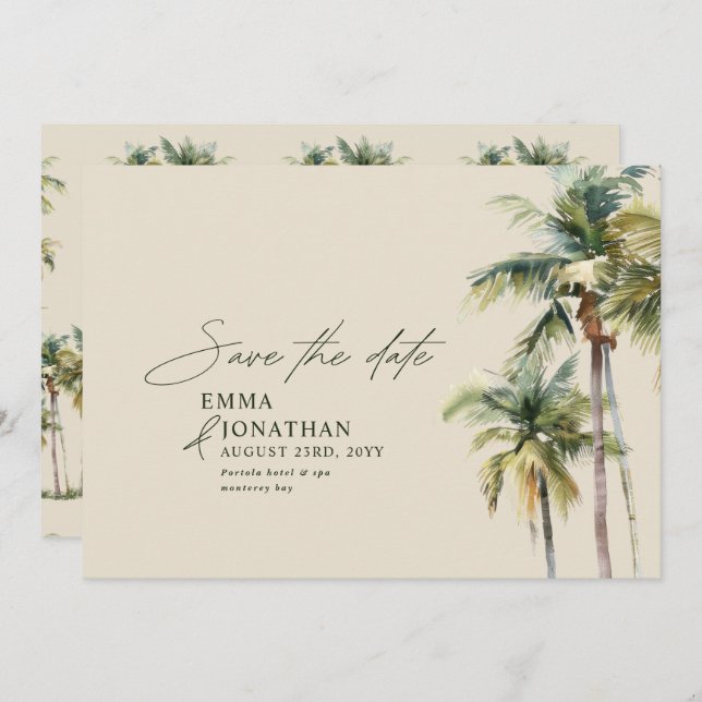 Palm Tree Destination Elegant Coastal Wedding Save The Date (Front/Back)
