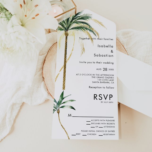 Palm Tree Destination Entree Choice RSVP Wedding All In One Invitation (Creator Uploaded)