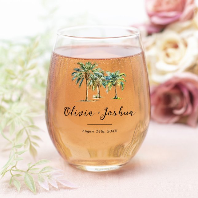 Palm Tree Destination Wedding Favour Stemless Wine Glass (Creator Uploaded)