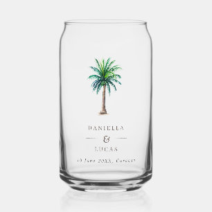 Palm Tree Destination Wedding Names & Date Can Glass