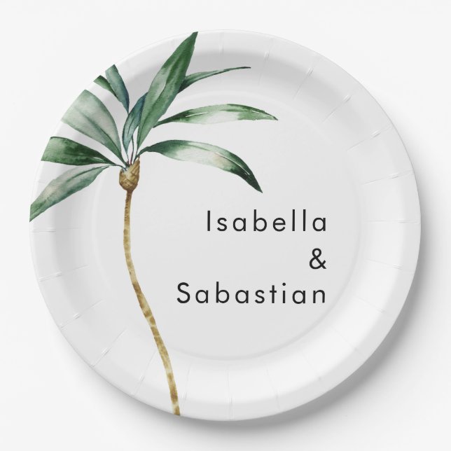 Palm Tree Destination Wedding Paper Plates (Front)