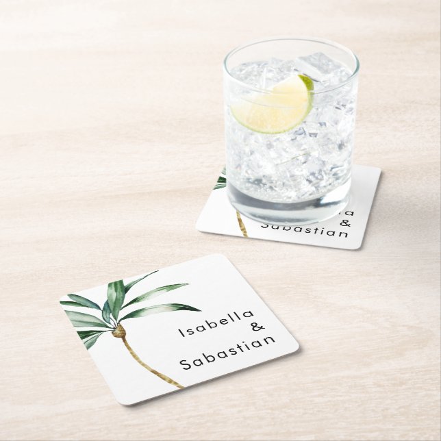 Palm Tree Destination Wedding Square Paper Coaster (Insitu)