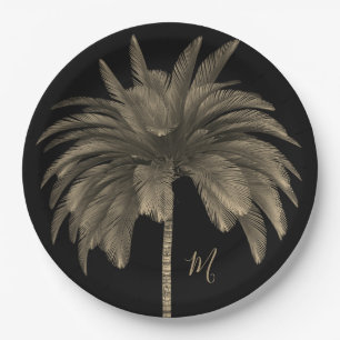 Palm Tree Elegant Retro Chic Black Paper Plate