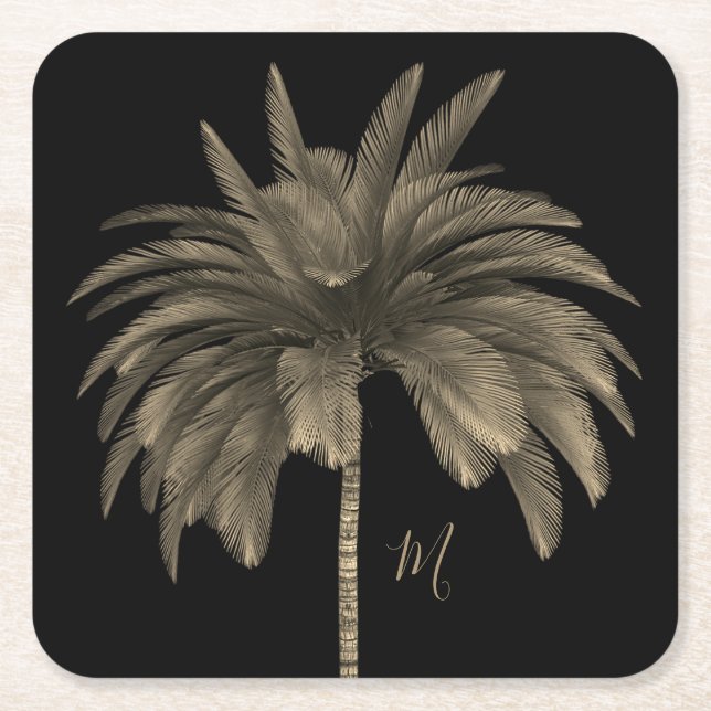 Palm Tree Elegant Retro Chic Black Square Paper Coaster (Front)