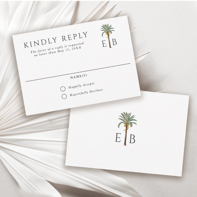 Palm Tree Elegant Tropical Monogram Wedding RSVP Card (Creator Uploaded)
