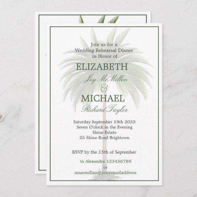 Palm Tree Elegant Wedding  Modern Chic Rehearsal Invitation (Front/Back)