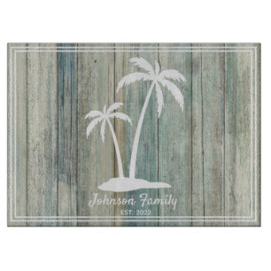 Palm Tree Family Name & Year Rustic Wood Beach Cutting Board
