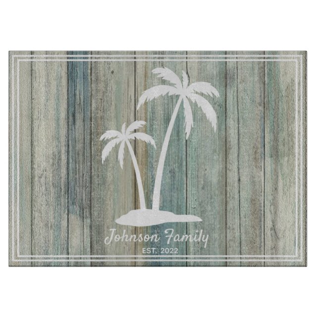 Palm Tree Family Name & Year Rustic Wood Beach  Cutting Board (Front)