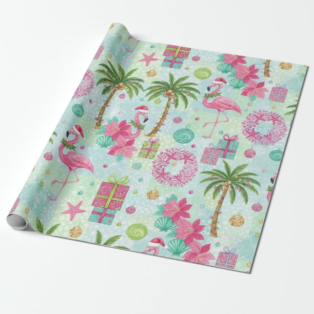 Palm Tree Flamingo Tropical Vibes Wrapping Paper (Unrolled)