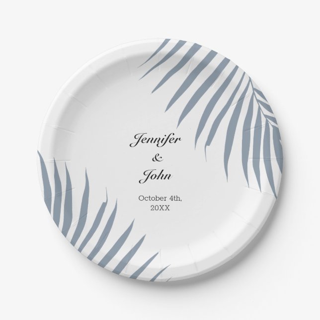 Palm Tree Foliage Dusty Blue Leaves Cool Wedding Paper Plate (Front)