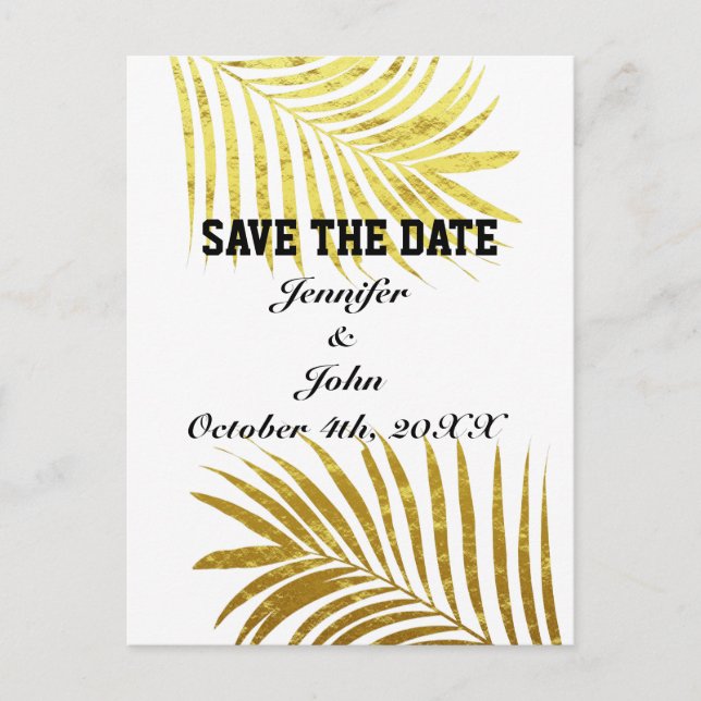 Palm Tree Foliage Gold Foil Leaves Save The Date Postcard (Front)